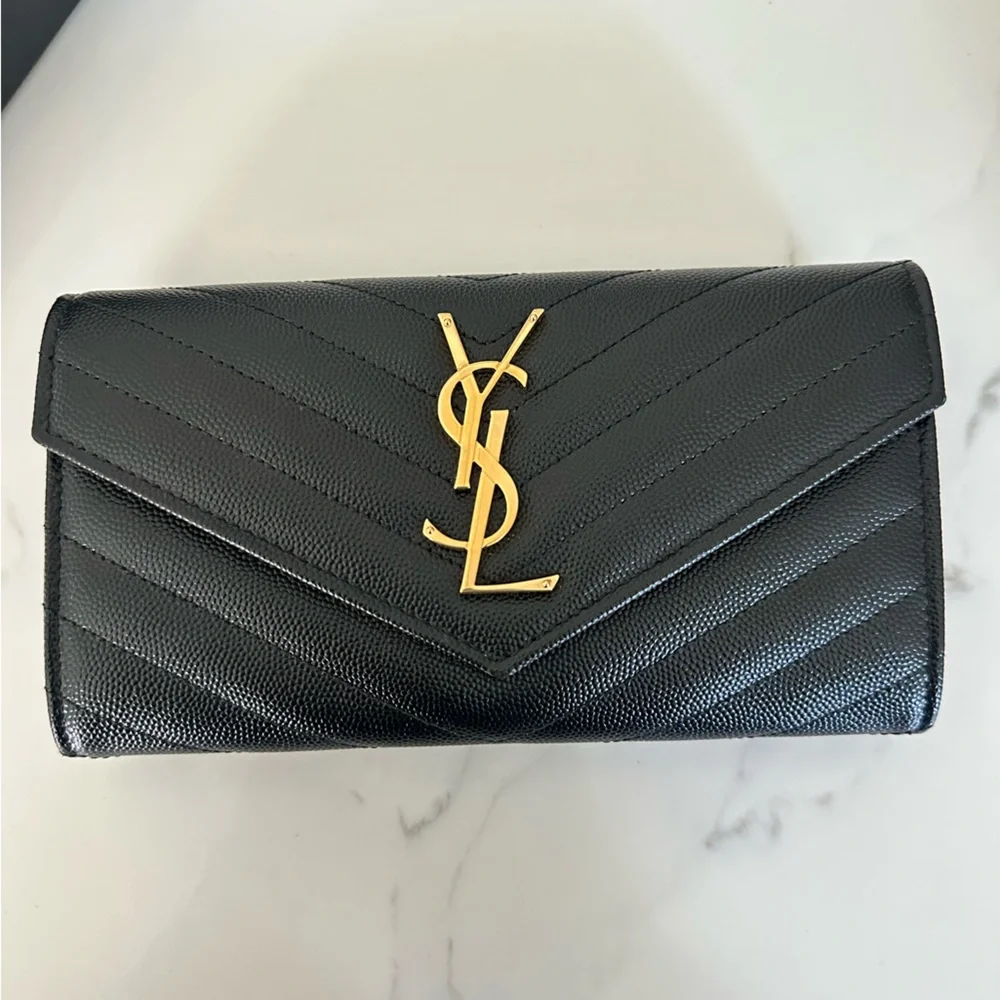 Saint Laurent Black Quilted Leather wallet Gold YSL Logo - Picture 2 of 10